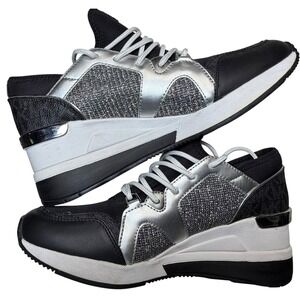 Michael Kors Wedge Sneakers Black Silver Glitter Metallic Trainers 7.5M NWOB